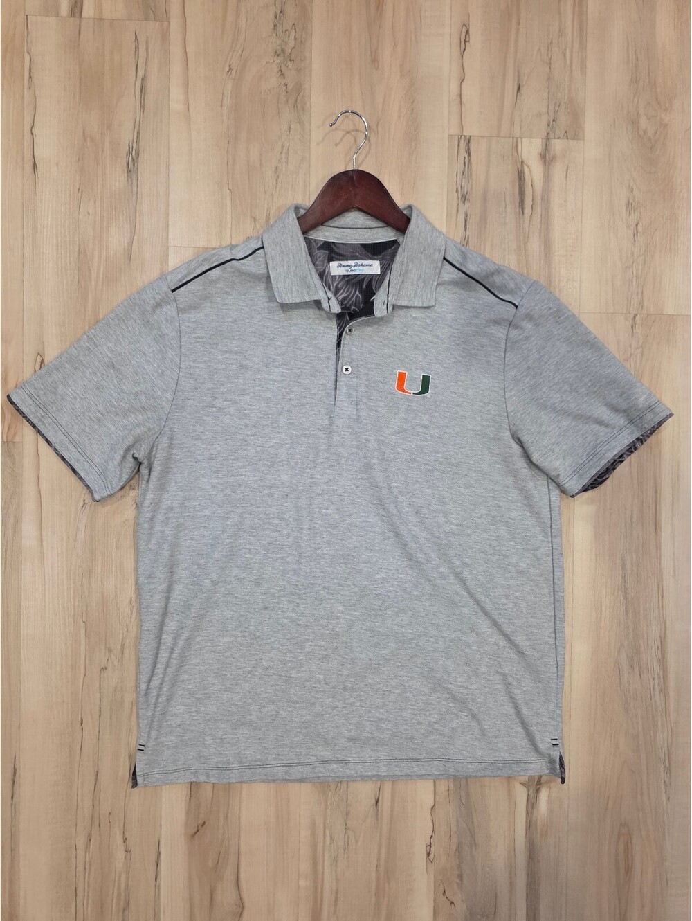 Tommy Bahama Island Zone Men's Polo Shirt Gray with Miami Hurricanes Logo